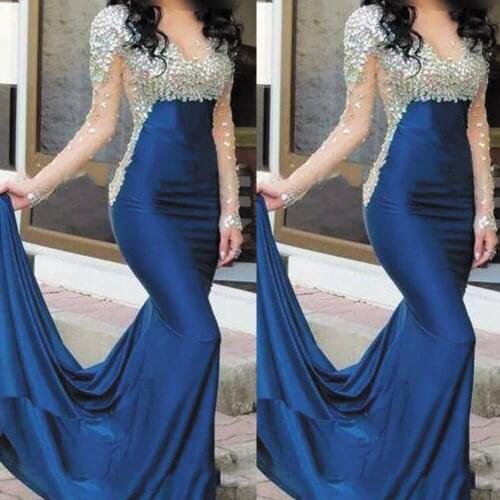 SuperKimJo Abendkleider Long Sleeve Mermaid Evening Dresses 2020 Beaded Crystals Modest Sexy Formal Evening Gown 2021