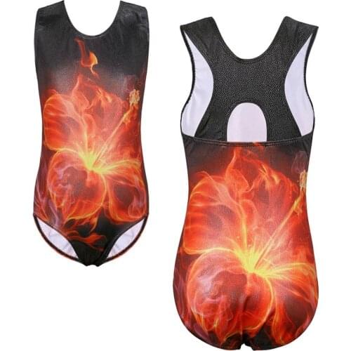 BAOHULU Teens Bright Orange Color Dance Leotard Kids Blooming Stamen Print Gymnastics Leotard Girl Ballerina Practice Dance Wear