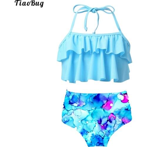 TiaoBug Summer 2Pcs Kids Girls Floral Printed Swimwear Tankini Sets Adjustable Halter Swimsuit Ruffled Tops With Bottoms Bikini