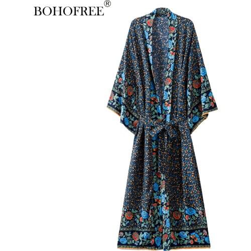 Boho Vintage Bohemian Dresses Floral Print Maxi Hippie Long Duster Shrug Rayon Cotton Vestidos Wrap Dress Boho Dresses