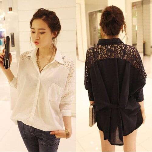 Women Blouse Spring Autumn Stitching Lace Sexy Top Loose Batwing Sleeve Chiffon Shirt Blouse Shirts Ropa De Mujer