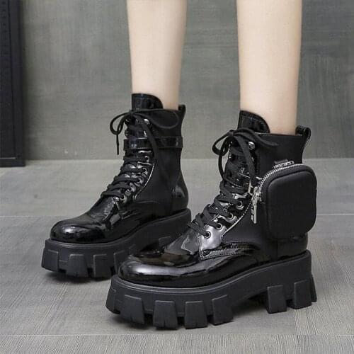 Women Ankle Boots Pocket Short Boot Ladies Lace Up Convinient Shoes Female Flat Platform Woman Cool Fashion Comfortable Black
