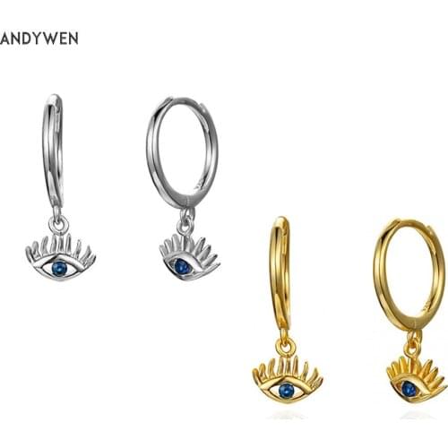 ANDYWEN 925 Sterling Silver Mini 8.5mm Eye Pendiente Circle Hoops Earring Small Dangle Women Round Crystal Luxury Jewelry