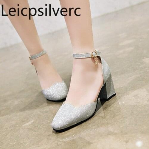 Pumps Spring and autumn new fashion Crystal Sequin Square head Shallow mouth Bucklel mid heel Womens shoes plus size 32-43