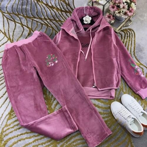 Fashion 11.20 Vintage Winter Embroidery Print Velvet Thicken Hooded Hoodie Stand Collar Sleeveless Vest + Pants Set Women