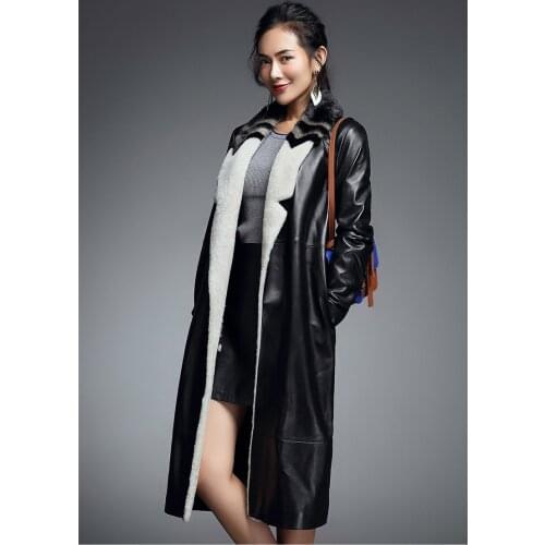 Leather Jacket Winter Coat Women Mink Wool Fur Collar Down Jacket Women Long Genuine Sheepskin Coat Chaqueta Mujer My