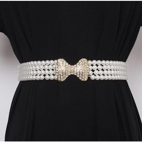 2020 Wide Layers Pearl Elastic Band Women SPring AUtumn Rhinestone Bow Buckles Waist Belts Elegant Ladies Dress Belt Strech