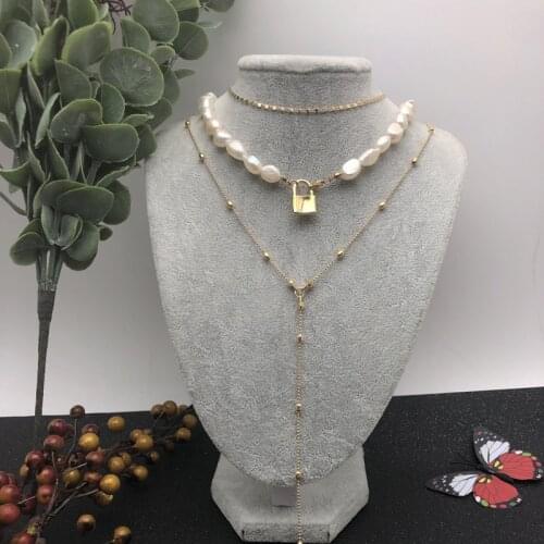 3PCS SET Fashion Genuine Pearl Necklace Metal Gold Color Lock Pendant Necklace for Women Party Jewelry Layered Summer Necklace