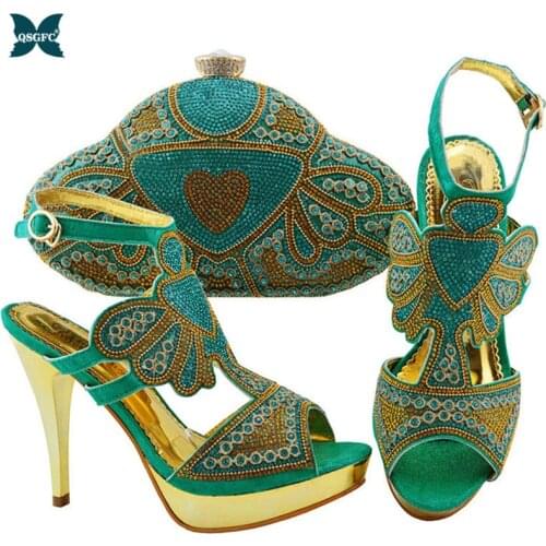 2020 Ladies Platform Women African Shoe and Bag Set Water Green High Heel Ladies Shoe with Matching Bag High Quality