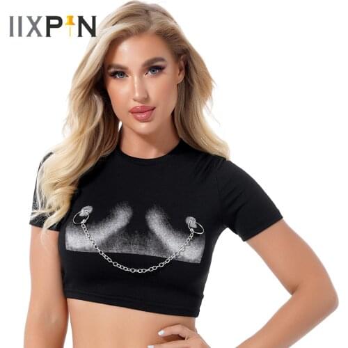 Women Fashion Crop Top Metal Chain O Ring Decor T-Shirt Stylish Printing Round Neck Short Sleeve Cropped Tee For Nightclub Party