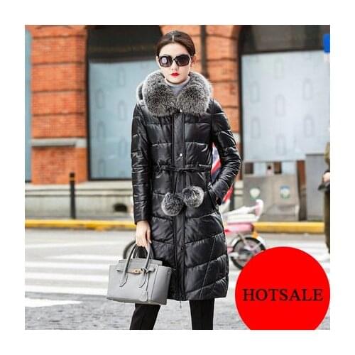 Plus Size 4XL Genuine Leather Women Coats Pure Fox Fur Duck down Long Hooded Jacket Female Overcoat LX915