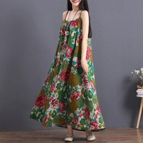 Casual Summer Dresses Floral Print Ethnic Dress Spaghetti Strap Folk Loose Long Dress Female Retro Vintage Dress TA1390
