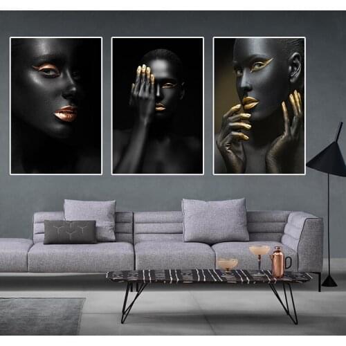 Golden Fashion Sexy Black Woman Canvas Painting Posters and Prints Scandinavian Wall Art Picture for living Room Cuadros Decor
