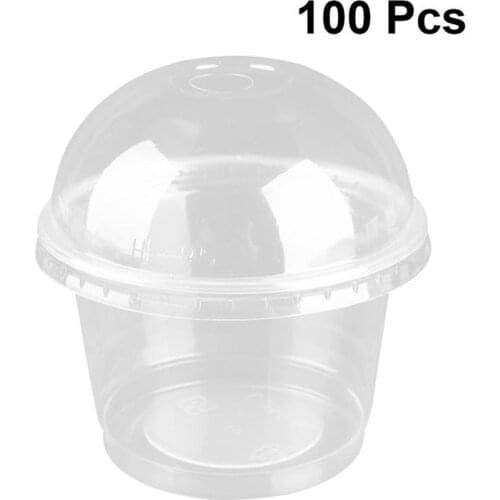 100pcs 250ml Disposable Salad Cup Transparent Plastic Dessert Bowl Container with Lid for Bar Cafe Home (Dome Lid with Hole)