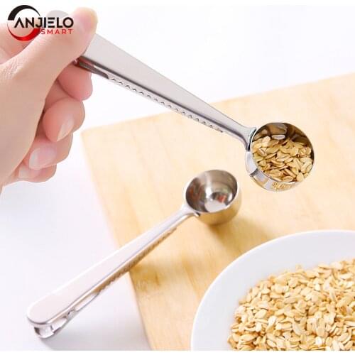 Anjielosmart 2 in 1 coffee measuring spoon clip stainless steel sealing measurement multi-function kitchen supplies Accessory