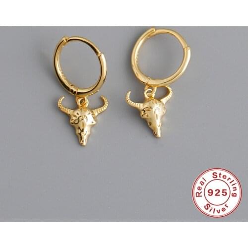 GS 925 Sterling Silver Hoop Earring Bull Head Pendant Earring For Couples Lover New Years Christmas Gift Pendientes Colgantes