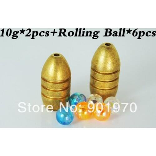 Free shipping&2014 NEW fishing bullet copper sinker 10g*2pcs & 6 multicolor Rolling ball