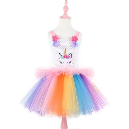 Flower Unicorn Girls Tutu Dress Layers Baby Birthday Cake Smash Costume Tutus Kids Floral Summer Dress Tulle Princess Dresses