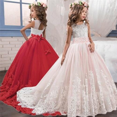 Elegant Dress For Girls Wedding Dresses 2020 Red New Year Clothes Kids Flower Backless Trailing Dress For 6-14 Years Children