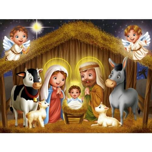 Nativity Scene Baby Jesus Cottage Animal Angel Cow background High quality Computer print newborn baby backdrop