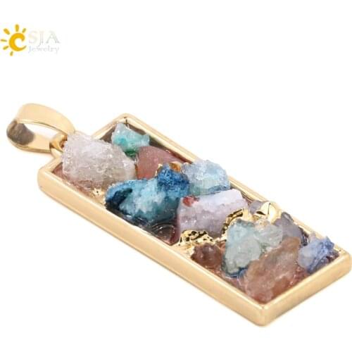 CSJA Classic European Jewelry for Women Colorful Drusy Druzy Natural Crystal Stone Chain Necklace Pendant Gold Color 2016 E102