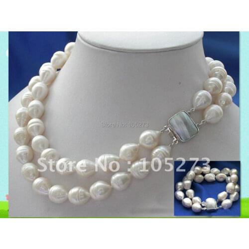 2Rows AA 10-15MM White Drip Freshwater Pearl Necklace Bracelet Mabe Pearl Clasp Fashion Jewellery Set New Free Shipping FN2150B