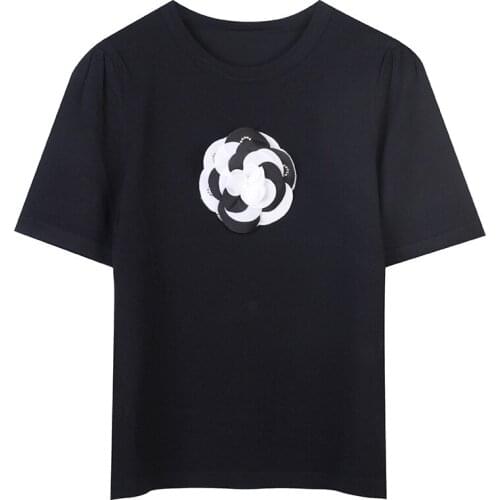 Korean Fashion Short-Sleeved 3D Flower Beaded Stitching Round Neck Thin Slim Knitted Top Black Women Clothes 2021 Summer New