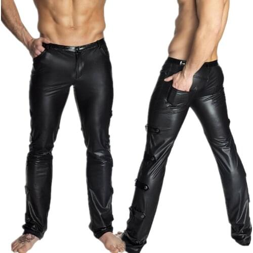 Mens Leather Pants Faux Leather Pu Stretchy Black Motorcycle Skinny Faux Leather Casual Pants Mans Flat Zipper Fly Regular