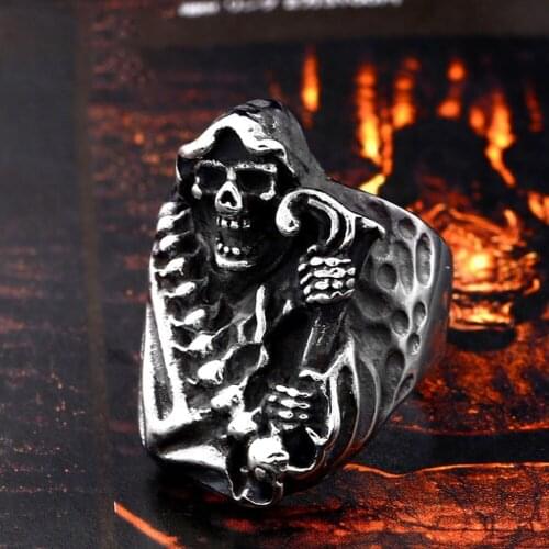 Gothic Horror Grim Reaper Skull Ring Punk Stainless Steel Biker Skeleton Men Ring Fashion Jewelry Gift Wholesale Size 7-13
