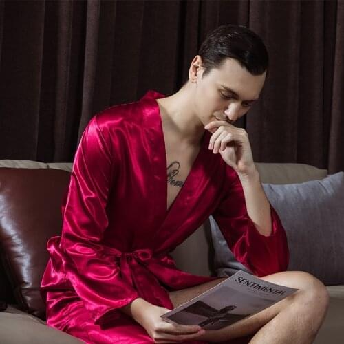 2021 Summer New Sleepwear Satin Men Groom Groomsman Wedding Robe Casual Long Sleeve Homewear Intimate Lingerie Bathrobe Gown