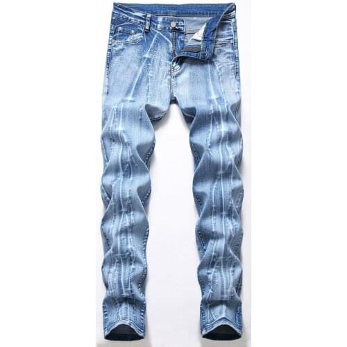 New Large size original light-colored jeans mens male slim pants trend Korean straight stretch distress beggar pants trousers