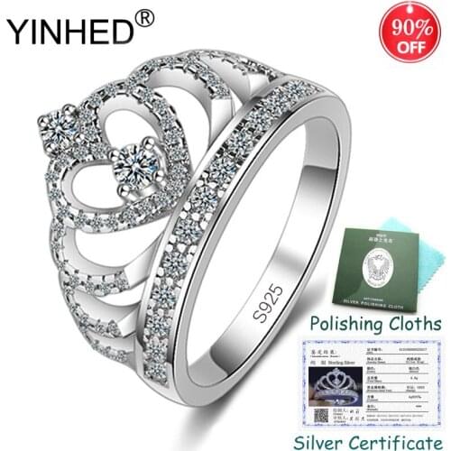 Send Certificate! YINHED Pricess Crown Ring 100% 925 Sterling Silver AAA+ Zircon CZ Wedding Rings for Women Fine Jewelry ZR562