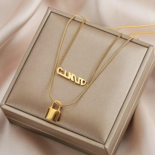 Titanium Steel Necklace for Women Personalized Lock Pendant 2 Layer Charm Snake Chain Multi Layer Choker Necklace Hiphop Jewelry