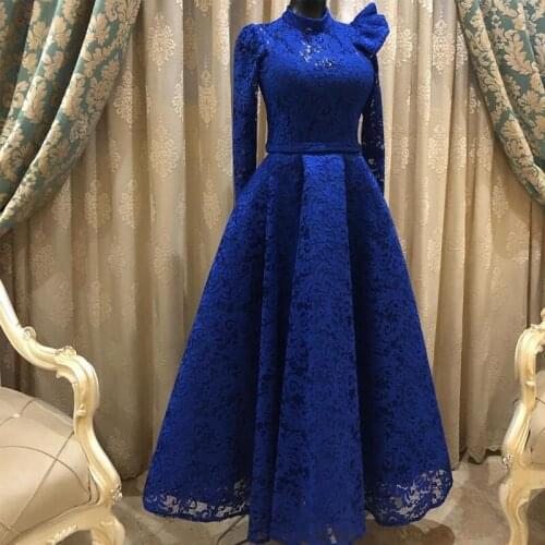 Royal Blue Muslim Prom Dresses High Collar Long Sleeve Full Lace Formal Special Occasion Dress 2021
