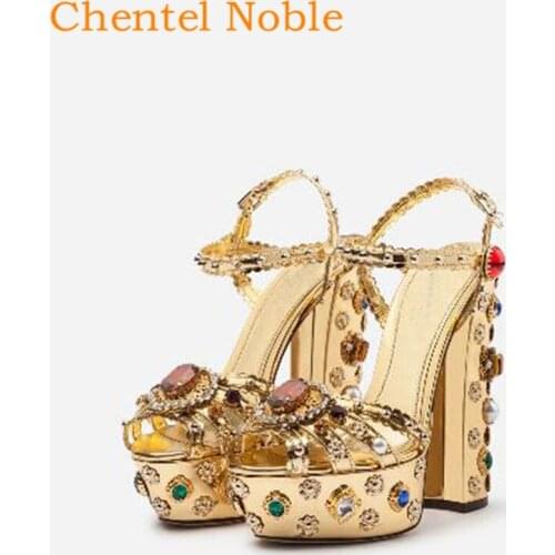 Luxury Handmade Pearl Red Gemstone Embellished High Heels Pumps Gladiator Women Sandals Buckle Wedding Shoes Woman Gold Color