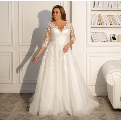 Modest Wedding Dress 2021 V Neck 3/4 Lace Sleeves Applique A Line Tulle Bridal Gown Wedding Dresses Mariage Plus Size