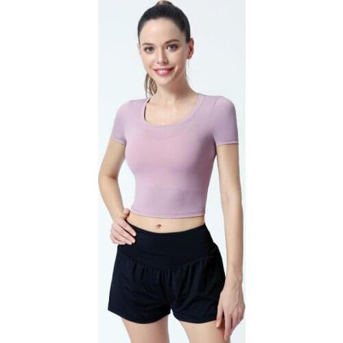 Women Yoga Shirt Gym Fitness Crop Tops Girls Short Sleeve T-shirt Quick Dry Solid Running Sports Shirt Thin Slim Elastic Tee Top