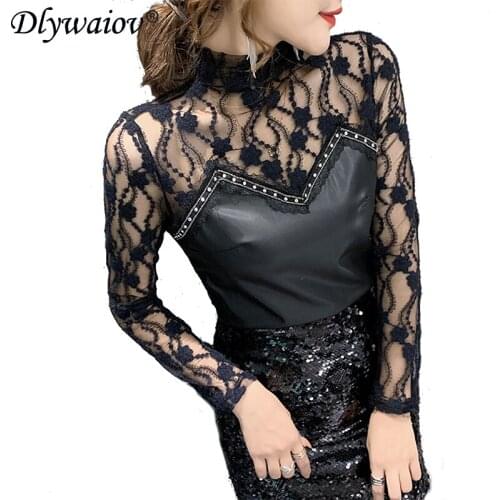 Sexy T-shirt 2021autumn Pu leather stitching lace slim fashion small Tshirt womens top bottoming clothes winter new Black Tees