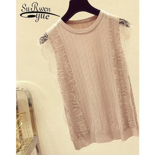 2021 Summer Korean Sleeveless O-Neck Lace Knitted Patchwork Tops Solid Hollow Out Clothes Women Mesh Shirt Chic Blusas 8795 50