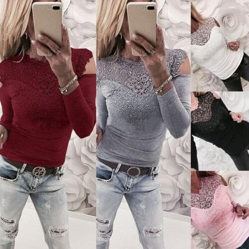Women Lace T-shirt Sexy Solid Color Hollow Out Patchwork Deep O Neck Long Sleeve T Shirts Clothes 2021 New Women Tops
