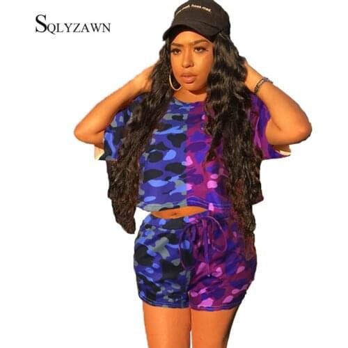 Summer Streetwear Camo Two Piece Set Women Fashion Short Sleeve Shirt Top + Shorts Camouflage Military Matching Outfit Plus Size
