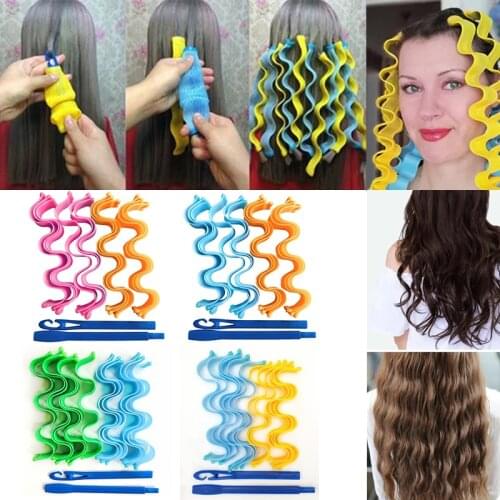 12 Pcs DIY Hair Curler 30Cm Wave Formers 2 Colors Wave Heatless Hair Curlers Styling Kit with Hooks Durable Beauty Makeup Tools