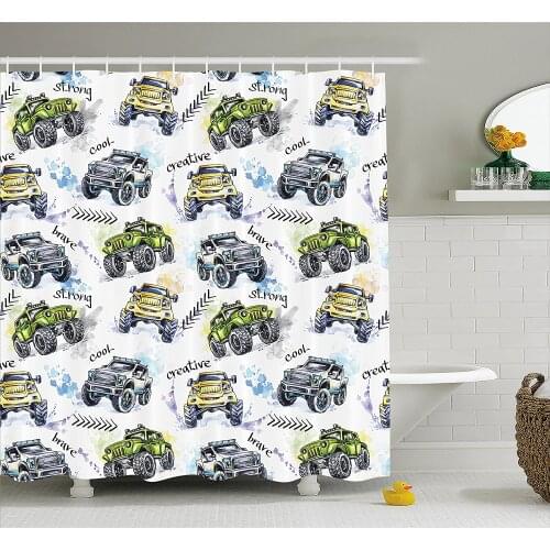 Cars Shower Curtain Hand Drawn Watercolored Monster Trucks Enormous Wheels Off Road Lifestyle Waterproof Polyester Bath Curtains