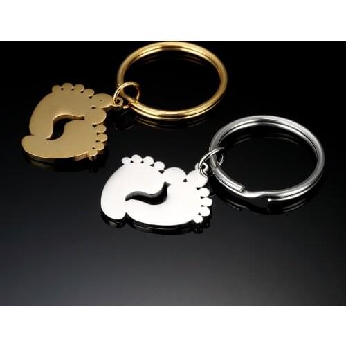 Silver Color/Gold Color Stainless Steel Baby Foot Key Chain Blank For Engrave Metal Baby Feet Keychain Mirror Polished 10pcs