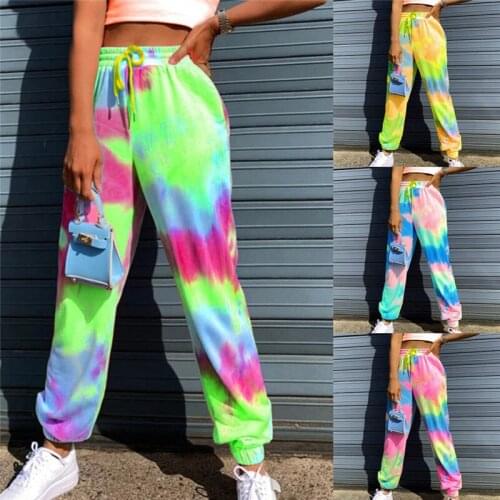 Pants Women Neon Tie-dye Joggers High Waist Long BaggySweatpants Loose Trousers 2021 Summer Lace Up Pants Streetwear Clothes Up