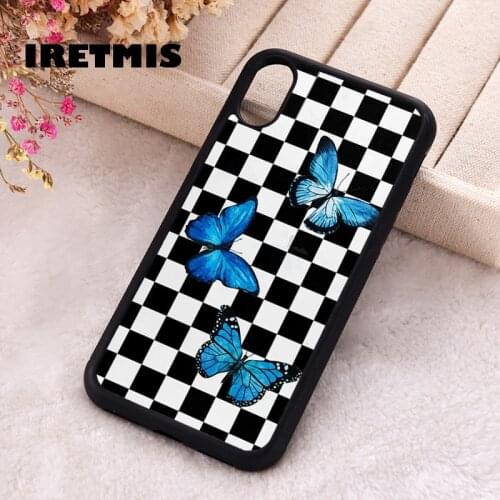 Iretmis 5 5S SE 2020 Phone Cover Case for iPhone 6 6S 7 8 Plus X Xs XR 11 12 Mini Pro Max Rubber Checkered Flames Blue Butterfly