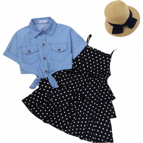 Child Girl Summer Dress Kid Clothing For Teenager Children Dot Sling Casual Dress Denim Blouse 2pcs Sets 2 3 4 5 6 7 years