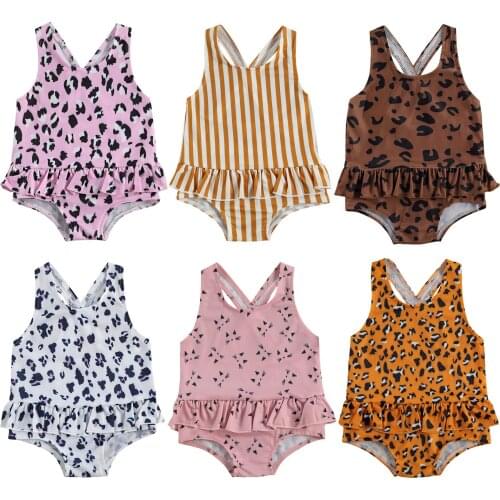FOCUSNORM 0-3Y Infant Baby Girls Swimsuit Leopard/Stripe Print U-shaped Neck Cross Strap Ruffle Swimwear
