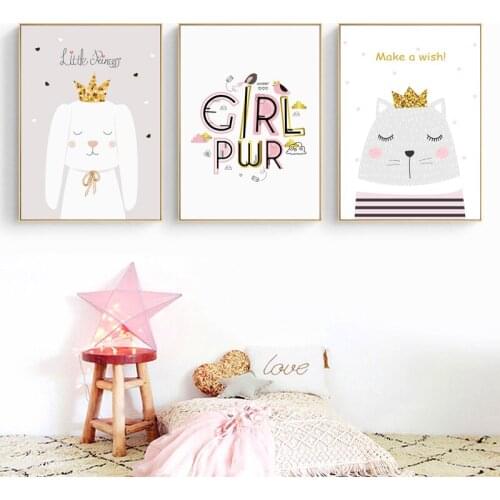 Unicorn Cat Canvas Painting Poster Baby Girl Nursery Quotes Pink Swan Crown Wall Art Pictures Nordic Kids Room Decoration