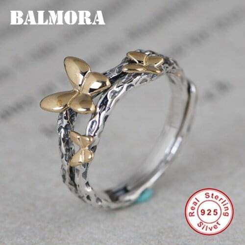 BALMORA 100% 925 Sterling Silver Golden Butterfly Ring For Women Retro Animal Open Adjustable Ring Stackable Ring Jewelry Gift